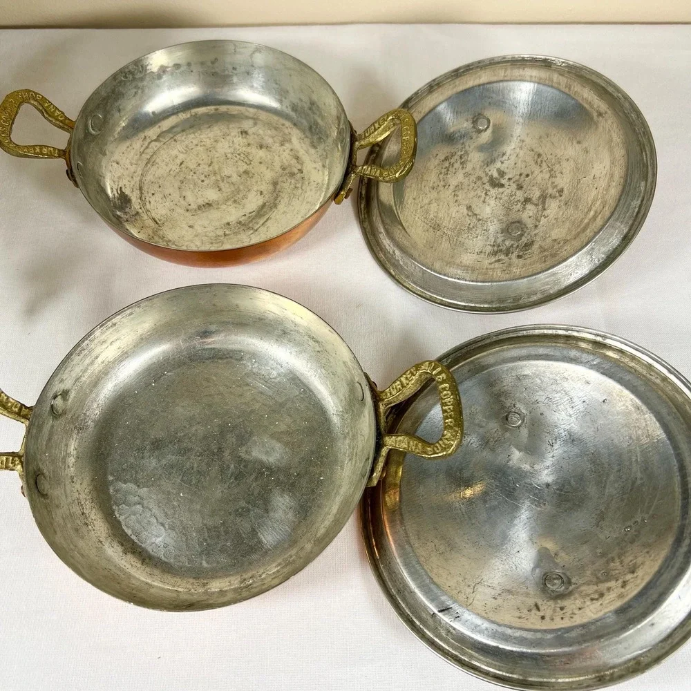 Old Vintage Copper Pans Skillets with Brass Handles